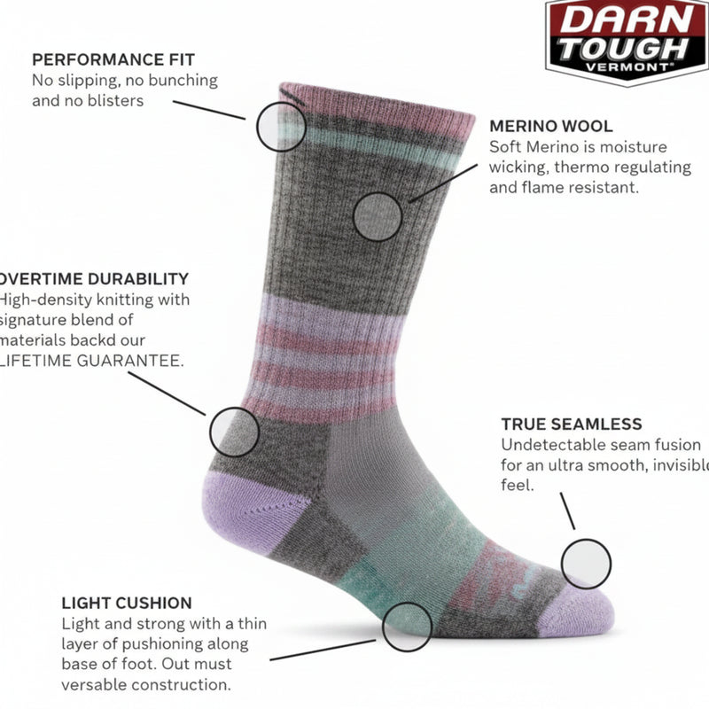 Darn Tough Vermont merino wool sock with performance fit, durability, light cushion, and seamless toe