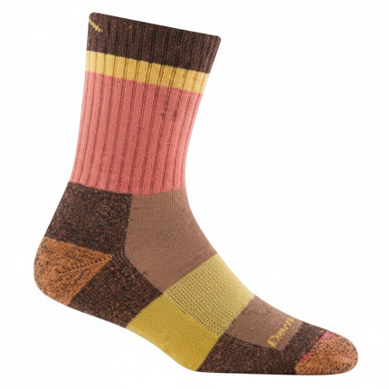 Darn Tough women's hiker micro crew socks in brown, pink, and yellow stripes