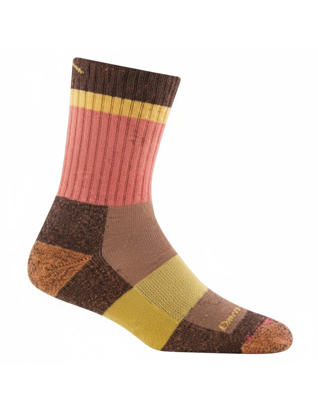 Darn Tough women's hiker micro crew socks in brown, pink, and yellow stripes