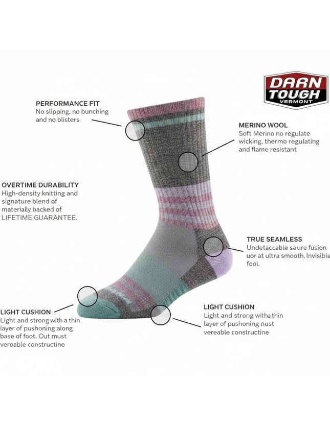 Darn Tough Vermont sock with features: performance fit, merino wool, durability, seamless, light cushion