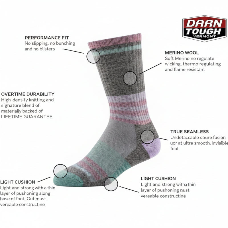 Darn Tough Vermont sock with features: performance fit, merino wool, durability, seamless, light cushion