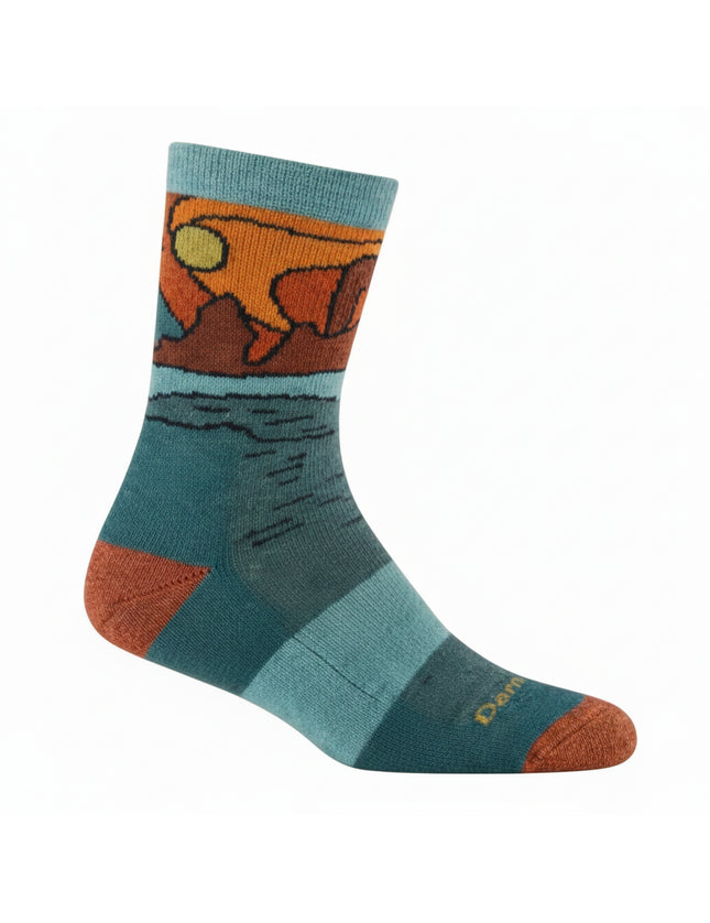 Darn Tough Hiker Micro Crew Midweight Hiking Sock with a sunset over water and mountains graphic