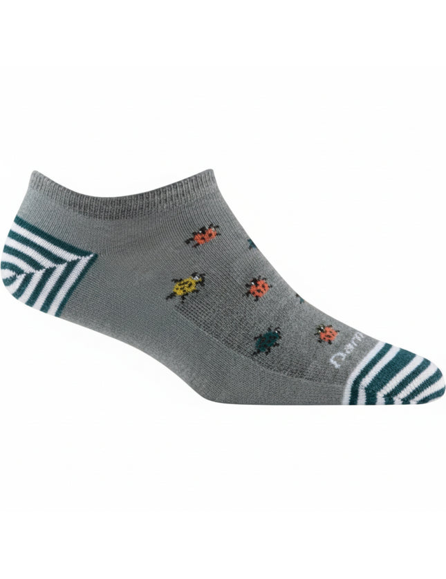 Grey sock with small colorful bugs and striped heel and toe