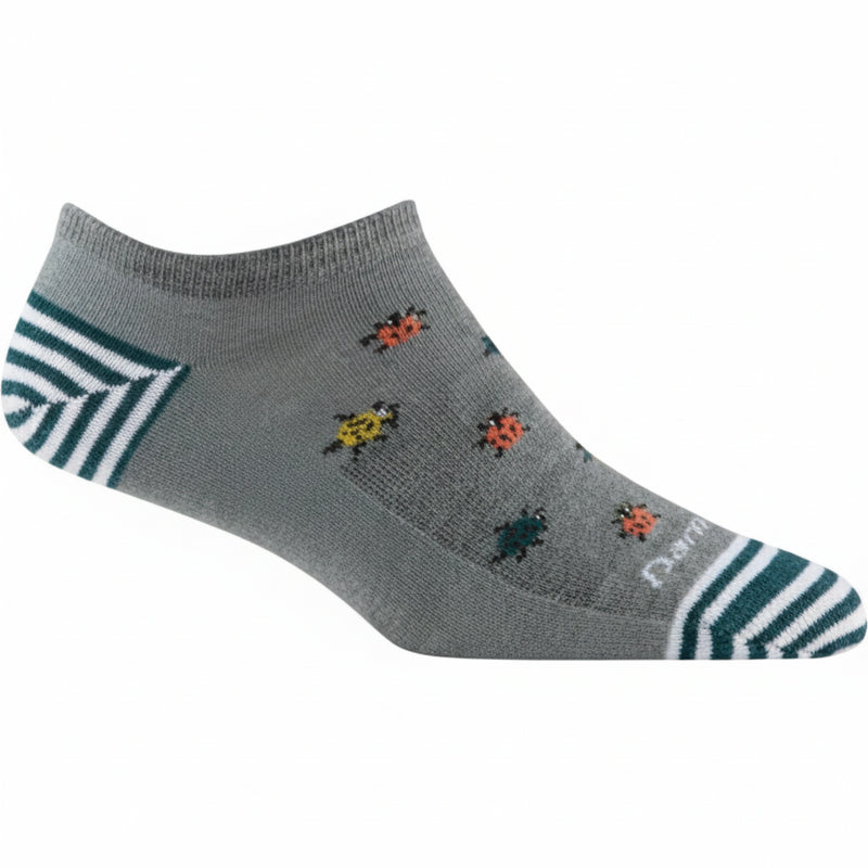 Grey sock with small colorful bugs and striped heel and toe