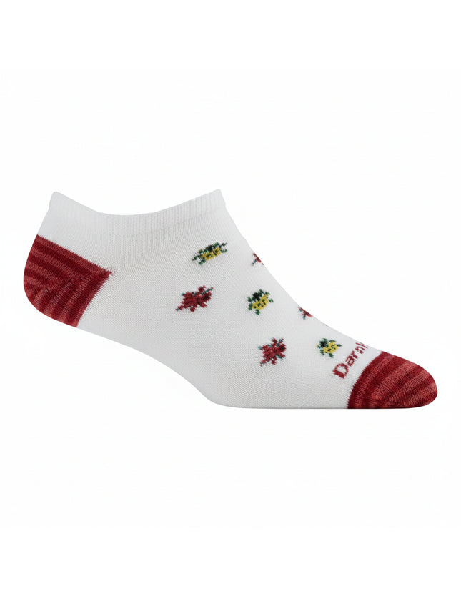 White sock with red heel and toe, and small red and green leaf patterns