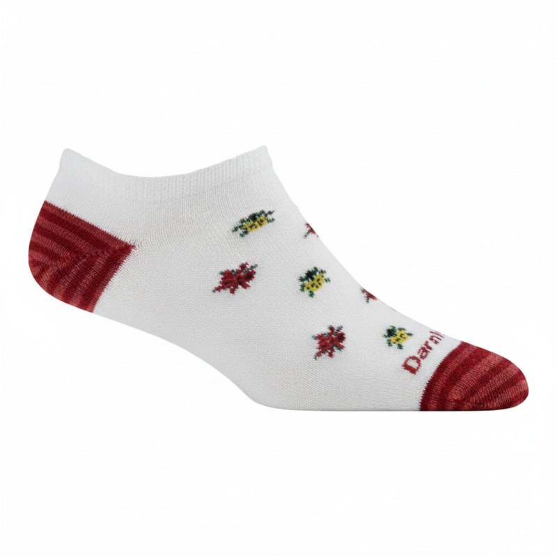 White sock with red heel and toe, and small red and green leaf patterns