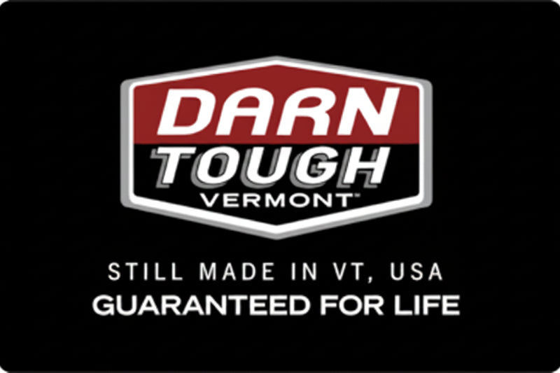 Darn Tough Vermont logo with text Still made in VT, USA Guaranteed for life
