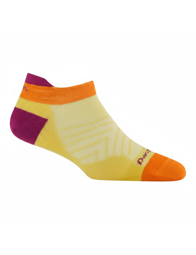 Darn Tough womens Pacer Micro Crew Ultra-Lightweight Running Sock in yellow with orange and purple accents