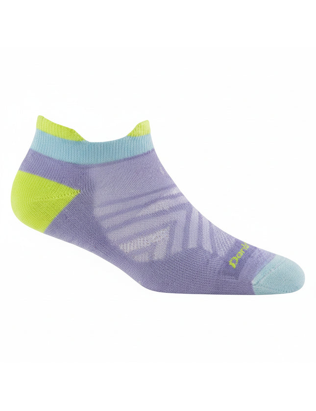 Purple, blue, and yellow no-show sock made of moisture wicking merino wool