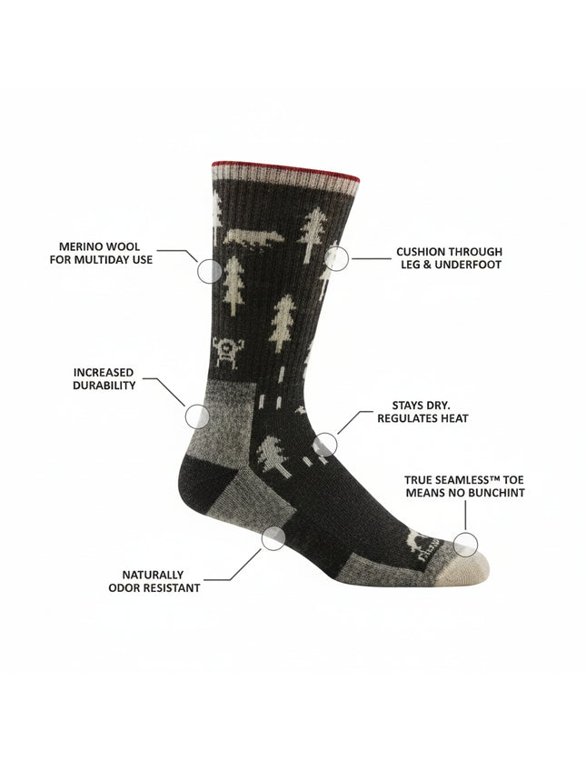 Black sock with white trees and animals, showing features like merino wool, cushion, durability, and seamless toe