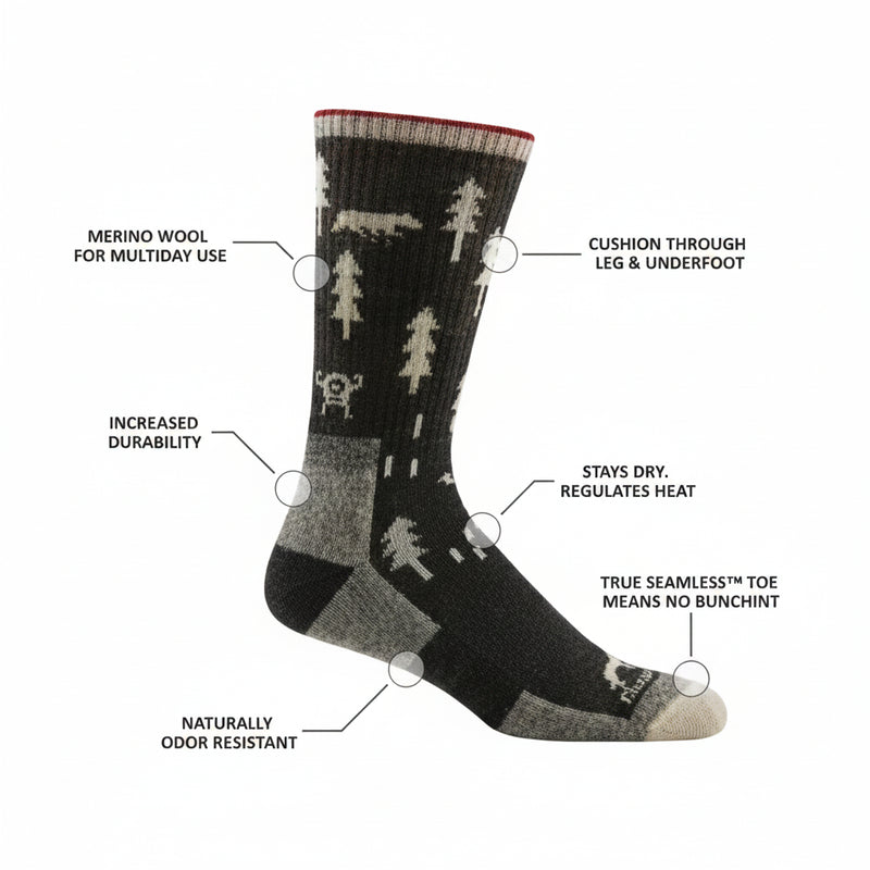 Black sock with white trees and animals, showing features like merino wool, cushion, durability, and seamless toe