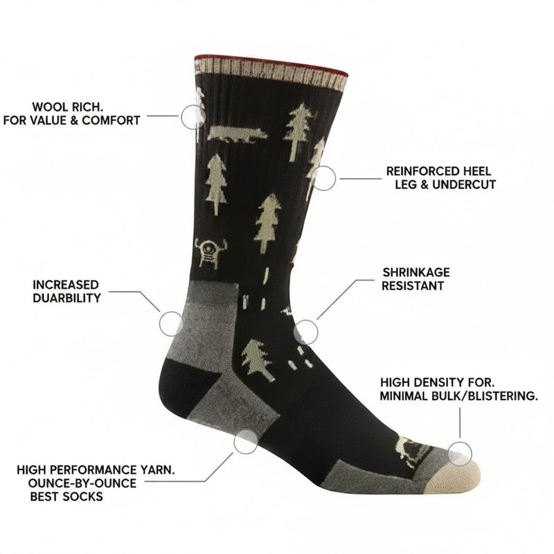 Black sock with white tree and animal patterns, showing features like wool rich, reinforced heel, and shrinkage resistant