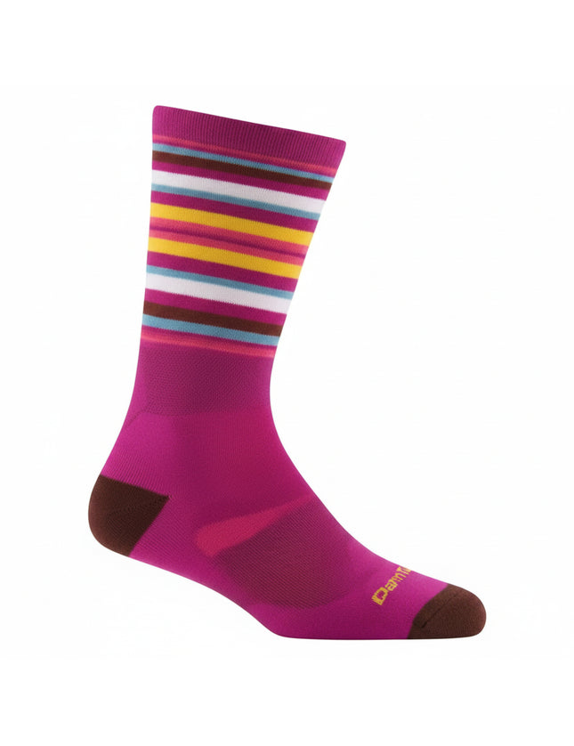 Magenta sock with horizontal stripes in white, blue, yellow, and brown on the calf