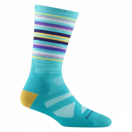 Turquoise sock with purple, yellow, and white stripes on the cuff, and a yellow heel
