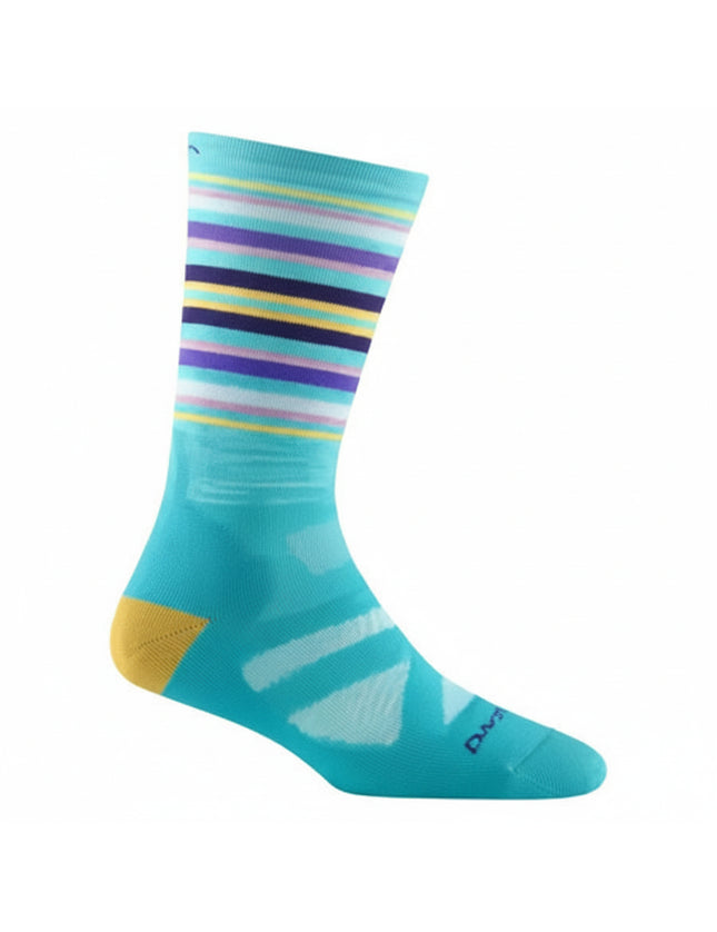 Turquoise sock with purple, yellow, and white stripes on the cuff, and a yellow heel