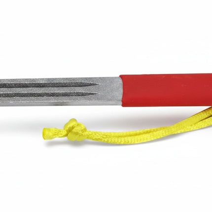 Knife sharpener with a red handle and yellow lanyard