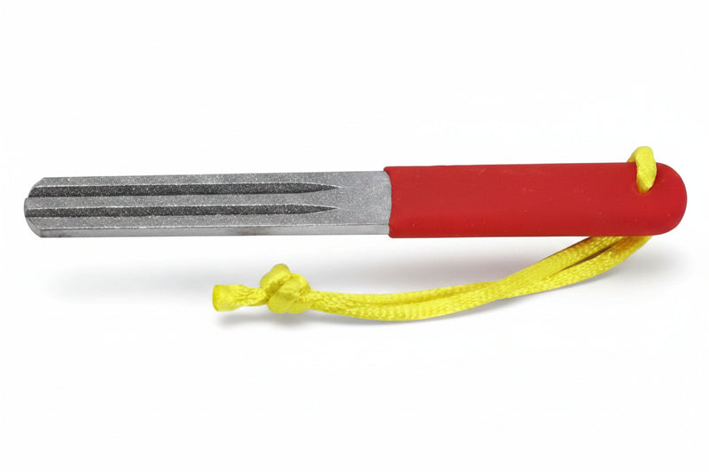 Knife sharpener with a red handle and yellow lanyard