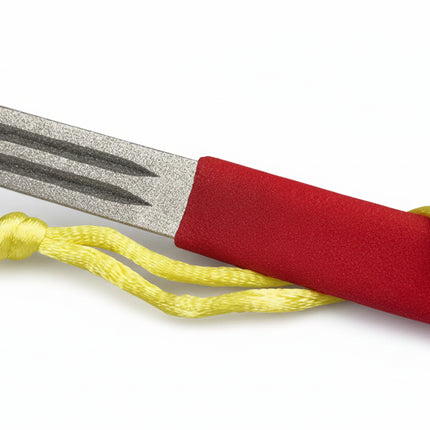 Diamond sharpening rod with a red handle and yellow lanyard