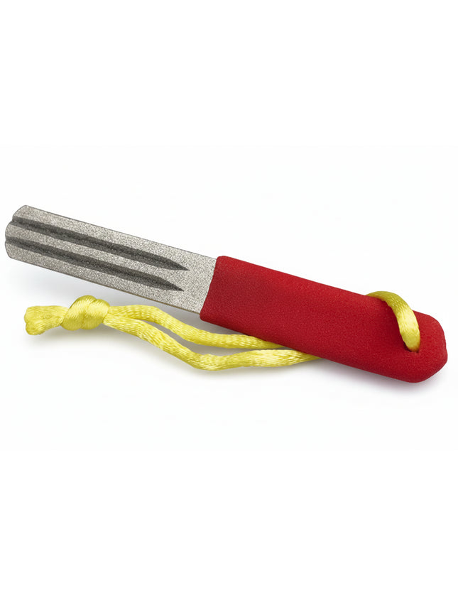 Diamond sharpening rod with a red handle and yellow lanyard