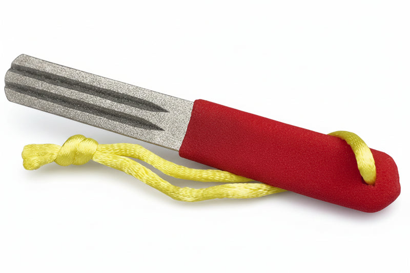 Diamond sharpening rod with a red handle and yellow lanyard