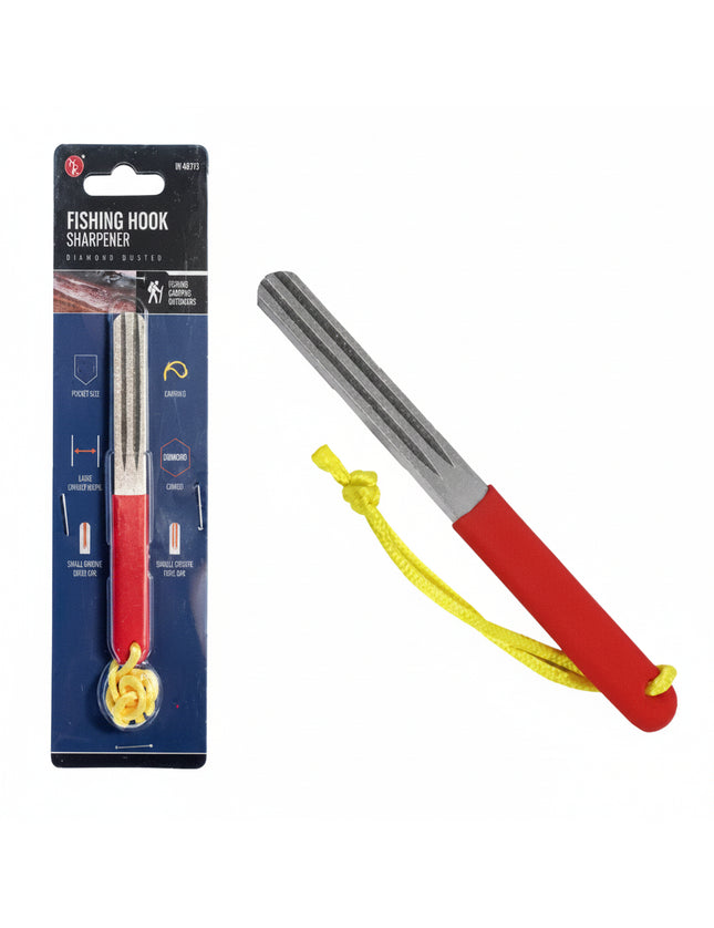 Fishing hook sharpener with red handle and yellow lanyard, in packaging and out of packaging