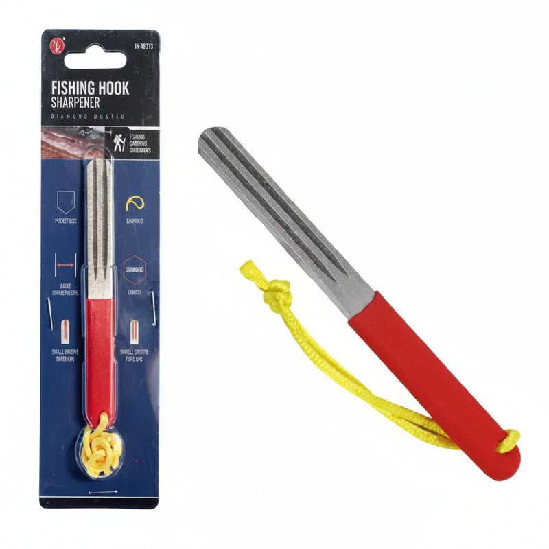 Fishing hook sharpener with red handle and yellow lanyard, in packaging and out of packaging