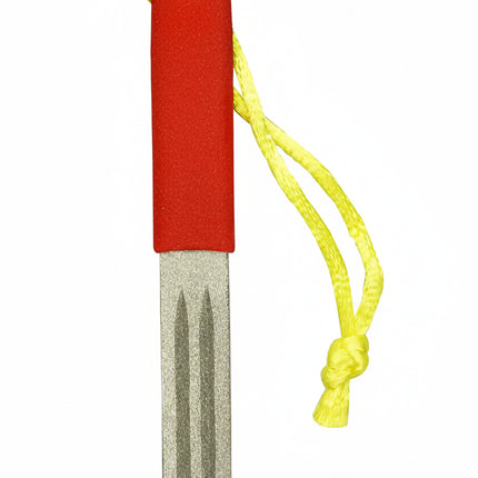 Red handled diamond sharpening rod with yellow lanyard