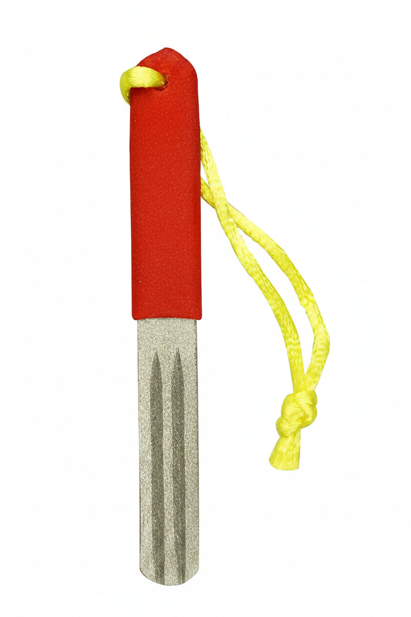 Red handled diamond sharpening rod with yellow lanyard