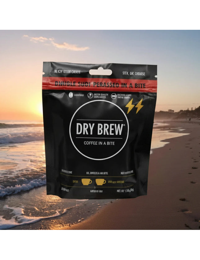 Dry Brew coffee in a bite packaging on a beach at sunset