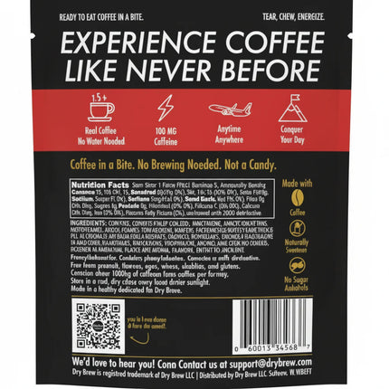Dry Brew coffee chewable packaging with product benefits and nutrition facts