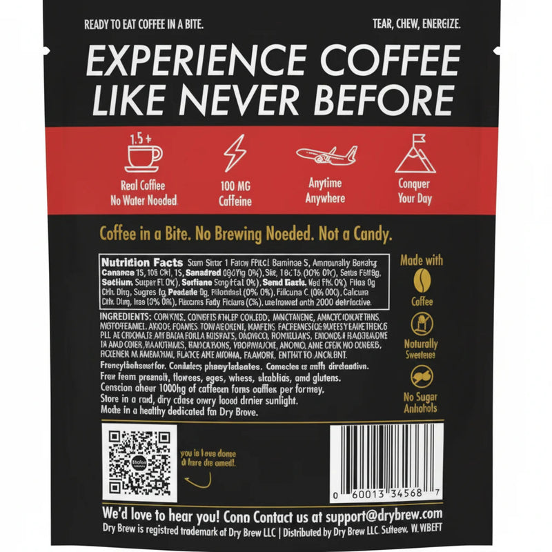 Dry Brew coffee chewable packaging with product benefits and nutrition facts