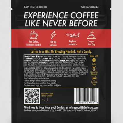 Black and red coffee bite packaging with text and icons