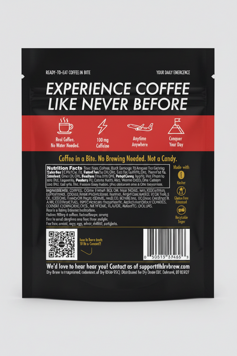 Black and red coffee bite packaging with text and icons