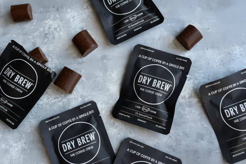 Dry Brew coffee sachets and chocolate squares scattered on a light grey surface