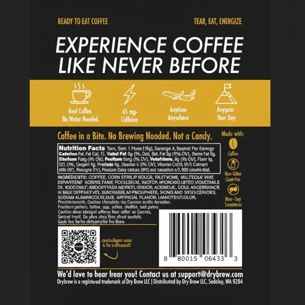 Back of a coffee product package with nutrition facts, ingredients, and a barcode
