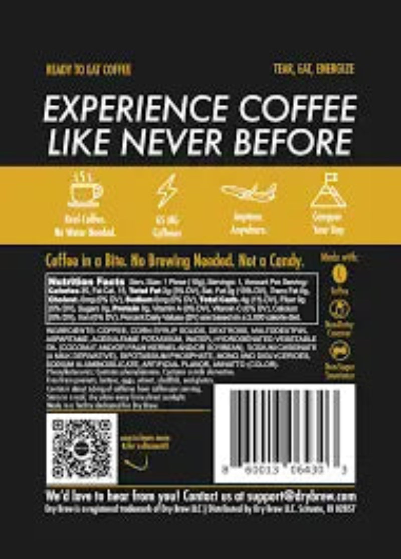 Dry Brew coffee packaging with nutrition facts, ingredients, and barcode