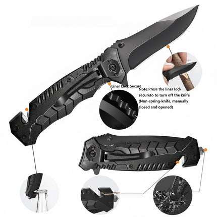 Black folding knife with multiple functions including a bottle opener and glass breaker