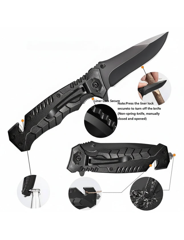 Black folding knife with multiple functions including a bottle opener and glass breaker