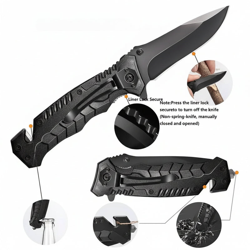 Black folding knife with multiple functions including a bottle opener and glass breaker