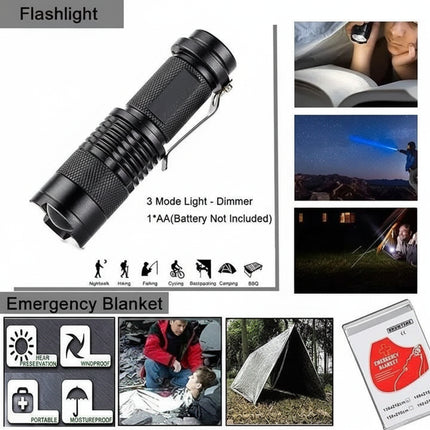 Flashlight and emergency blanket with usage examples