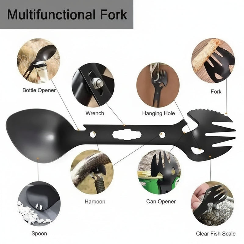 Multifunctional fork with spoon, bottle opener, wrench, hanging hole, harpoon, can opener, and fish scale