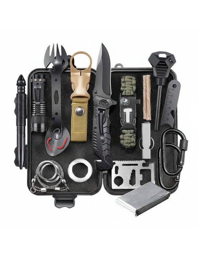 Black survival kit with knife, flashlight, spork, fire starter, compass, and other tools