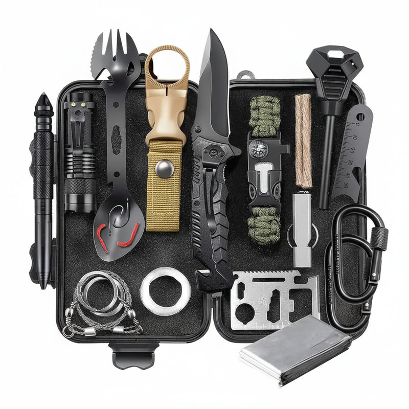 Black survival kit with knife, flashlight, spork, fire starter, compass, and other tools