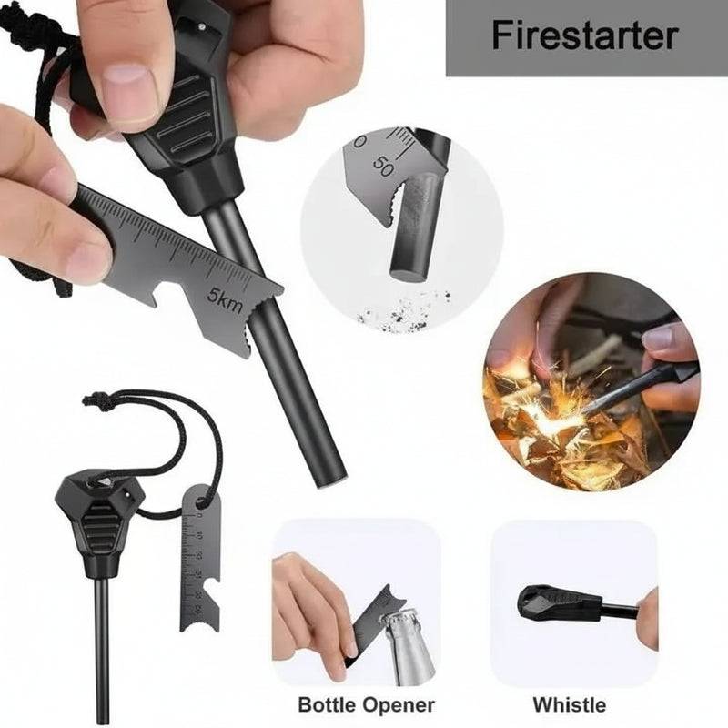Firestarter tool with multiple uses including bottle opener and whistle