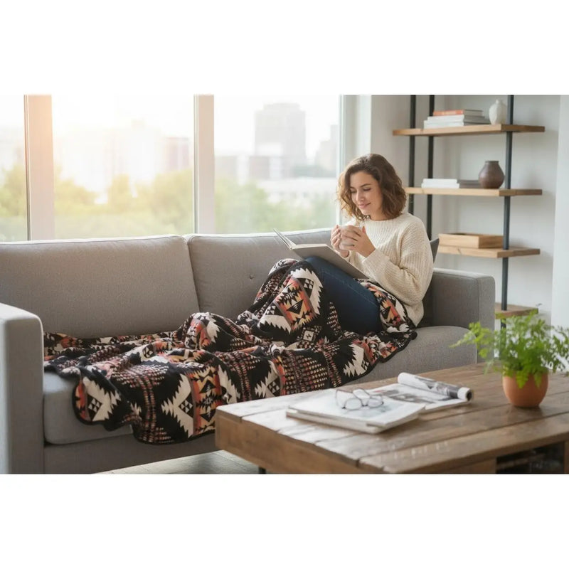Woman sitting on a couch with a patterned blanket, holding a mug in a bright living room.