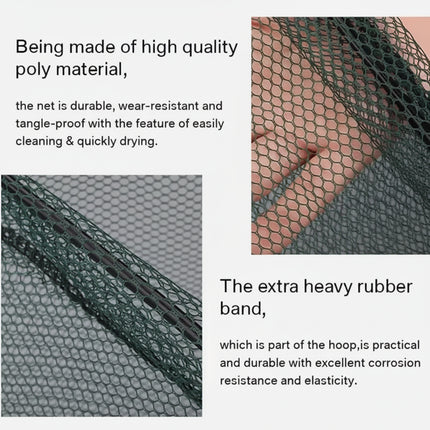 Close-up of a green fishing net with a black rubber band