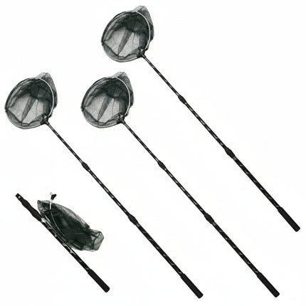 Four black fishing nets with extendable handles, three extended and one collapsed