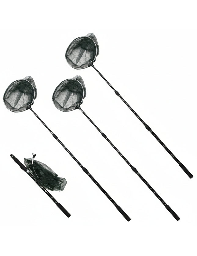 Four black fishing nets with extendable handles, three extended and one collapsed