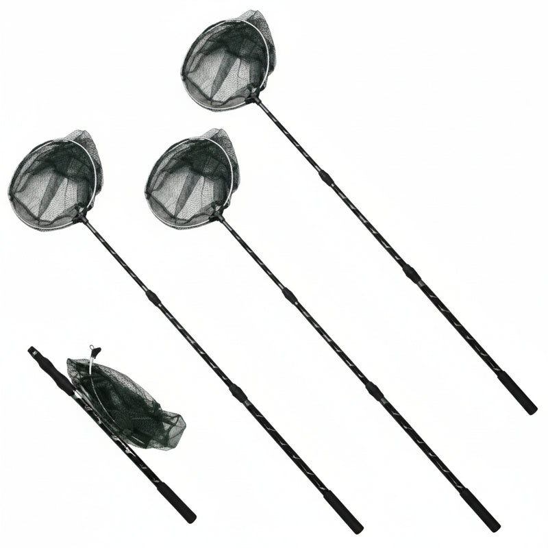 Four black fishing nets with extendable handles, three extended and one collapsed