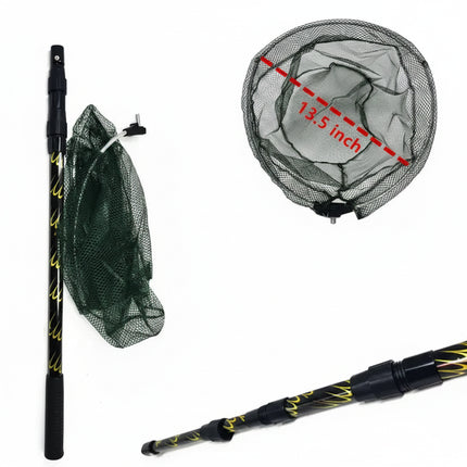 Black fishing net with a 13.5-inch diameter and a black and yellow telescopic pole